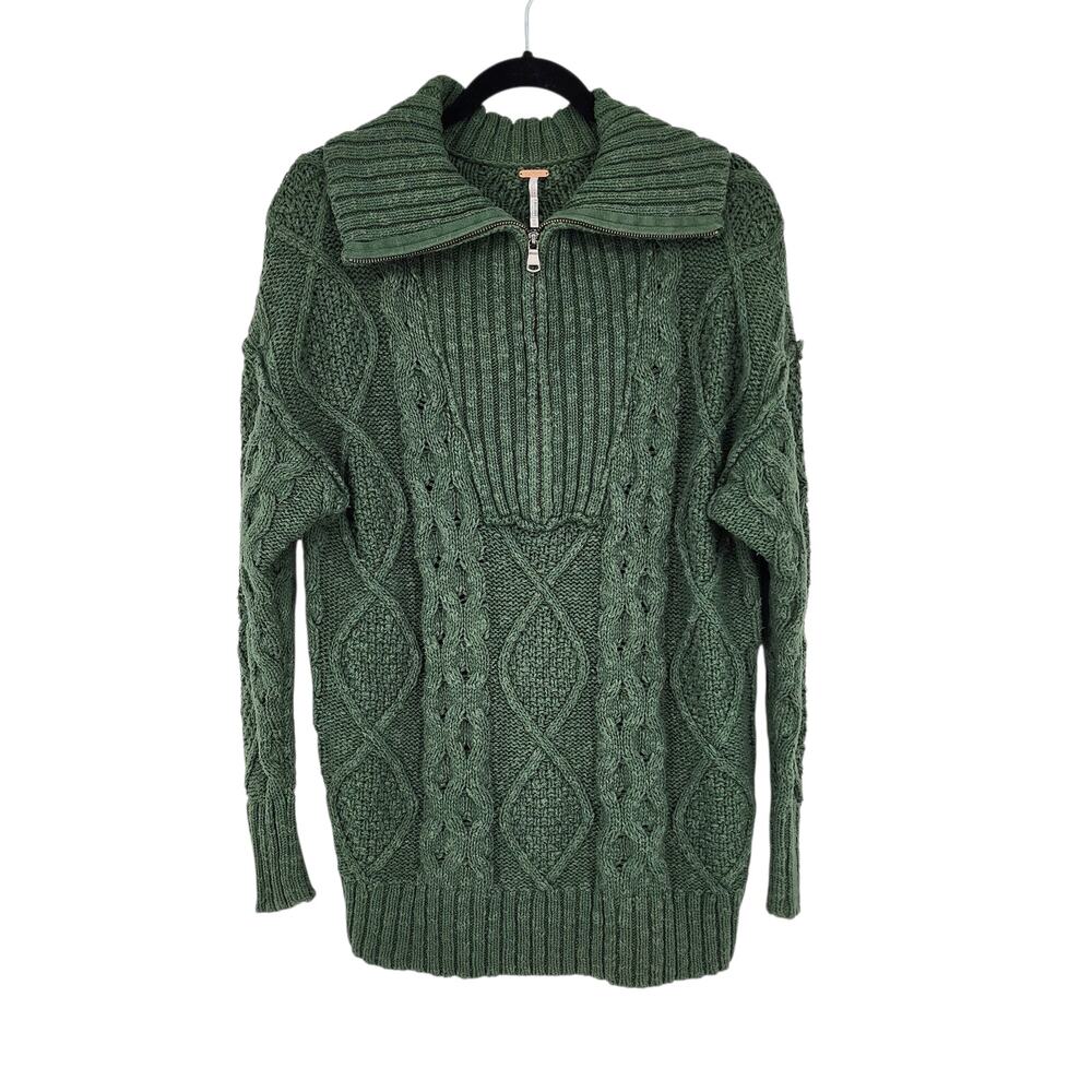 Free People Green Driftwood Chunky Cable Knit Oversized Polo Zip Sweater Size XS